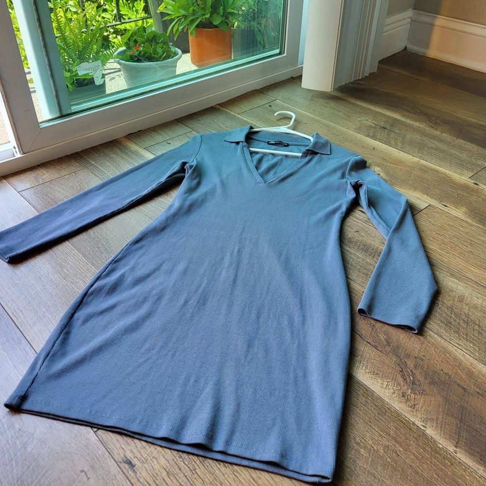 Zara Womens Blue Ribbed Long Sleeve Collared V-Neck Mini Dress Size L